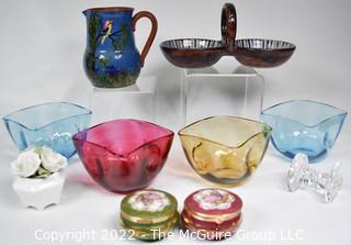 Group of Decorative Glassware and Pottery Including Torquay England Pottery Jug 