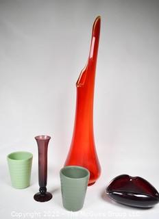 Group of Mid Century Blown Glass Vases, Ashtray, and Pottery Tumblers.