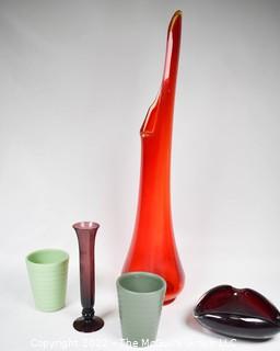 Group of Mid Century Blown Glass Vases, Ashtray, and Pottery Tumblers.