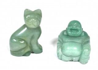 Jade Glass Asian Cat and Laughing Budha.