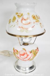 Antique Victorian Hand Painted Milk Glass Oil Lamp With Original Shade.  15" tall.