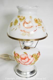 Antique Victorian Hand Painted Milk Glass Oil Lamp With Original Shade.  15" tall.