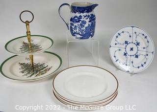 Group of Porcelain Items Including Spode Christmas TidBit Tiered Tray, Victorian Bourne & Leigh Blue Willow Pitcher, Royal Copenhagen Plate, and Three (3) Dinner Plates with Gold Edge.