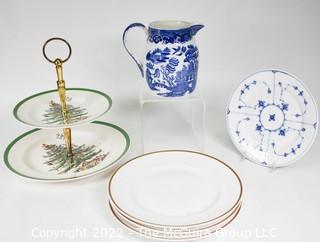 Group of Porcelain Items Including Spode Christmas TidBit Tiered Tray, Victorian Bourne & Leigh Blue Willow Pitcher, Royal Copenhagen Plate, and Three (3) Dinner Plates with Gold Edge.