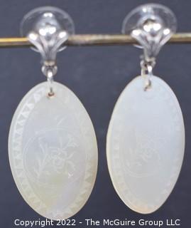 Earrings Made from Antique Asian Carved Mother of Pearl Gaming Pieces or Chips with Sterlig Posts.