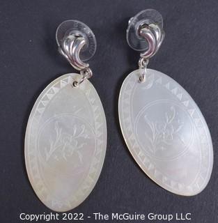 Earrings Made from Antique Asian Carved Mother of Pearl Gaming Pieces or Chips with Sterlig Posts.