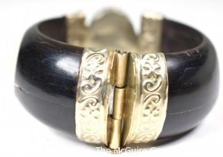 Hinged Bangle Cuff Bracelet Made of Ebony with Tigers Eye Center and