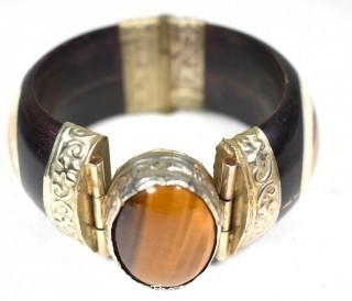 Hinged Bangle Cuff Bracelet Made of Ebony with Tigers Eye Center and