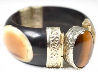 Hinged Bangle Cuff Bracelet Made of Ebony with Tigers Eye Center and