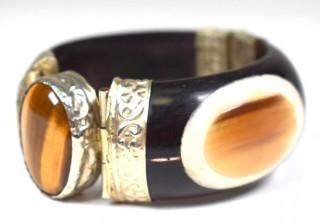 Hinged Bangle Cuff Bracelet Made of Ebony with Tigers Eye Center and