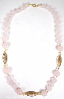 Rose Quartz with Gold Tone Beads Necklace. 