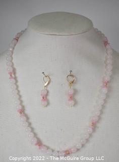 Rose Quartz Bead Necklace with Coordinating Dangle Earrings. 23"L