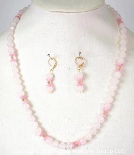 Rose Quartz Bead Necklace with Coordinating Dangle Earrings. 23"L