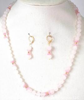 Rose Quartz Bead Necklace with Coordinating Dangle Earrings. 23"L