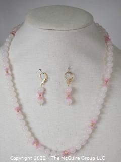 Rose Quartz Bead Necklace with Coordinating Dangle Earrings. 23"L