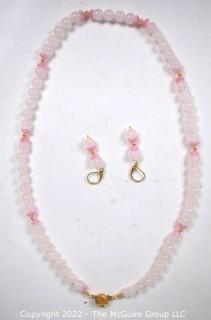 Rose Quartz Bead Necklace with Coordinating Dangle Earrings. 23"L