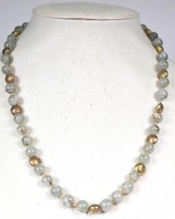 Green Lace Quartz Bead Necklace with Gold Tone Bead Accents.  22" long. 