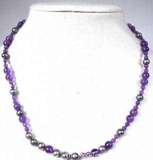 Amethyst Bead and Grey Pearl Necklace.  18" long.