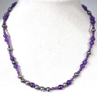 Amethyst Bead and Grey Pearl Necklace.  18" long.