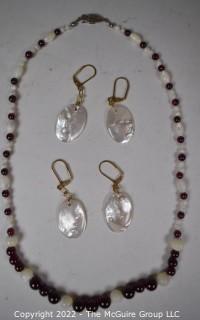 Mother of Pearl with Garnet Bead Necklace (18") and Two (2) Pairs of Mother of Pearl Dangle Earrings. 