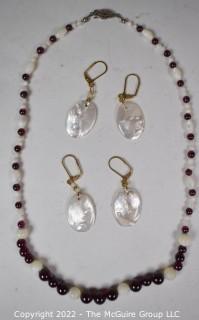 Mother of Pearl with Garnet Bead Necklace (18") and Two (2) Pairs of Mother of Pearl Dangle Earrings. 