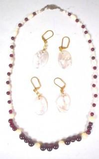 Mother of Pearl with Garnet Bead Necklace (18") and Two (2) Pairs of Mother of Pearl Dangle Earrings. 