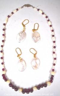 Mother of Pearl with Garnet Bead Necklace (18") and Two (2) Pairs of Mother of Pearl Dangle Earrings. 