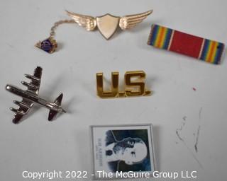 Group of Military Pins and Ribbons.  Includes Sterling Silver Airplane Pin Back.