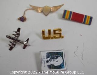 Group of Military Pins and Ribbons.  Includes Sterling Silver Airplane Pin Back.