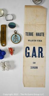 Eclectic Grouping that includes Large Red and Blue Tassles, 1928 GAR Political Ribbon, U.S. Playing Card Trivia game and pin backs