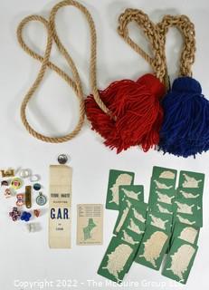 Eclectic Grouping that includes Large Red and Blue Tassles, 1928 GAR Political Ribbon, U.S. Playing Card Trivia game and pin backs