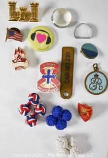 Eclectic Grouping that includes Large Red and Blue Tassles, 1928 GAR Political Ribbon, U.S. Playing Card Trivia game and pin backs