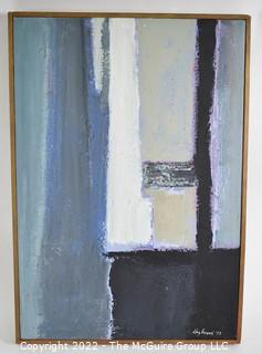 Framed Oil on Canvas Abstract in Blues Signed by Artist David Hazelwood and Dated 1973. Measures 15" x 21".