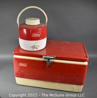 Vintage Coleman Red Metal Camping Cooler and Thermos.