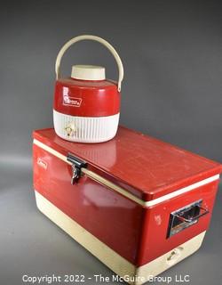 Vintage Coleman Red Metal Camping Cooler and Thermos.