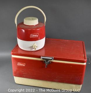 Vintage Coleman Red Metal Camping Cooler and Thermos.