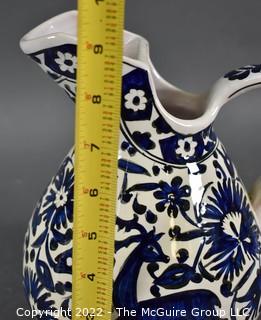 Hand Painted  Pottery Pitcher By Icaros Ceramics of Rhodes Greece Especially For The Sea Fare Restaurant.  9" tall.