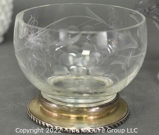 Group of Crystl Glass Items Including Hobnail Milk Glass and Sterling Rim Etched Glass Bowl.