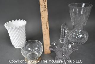 Group of Crystl Glass Items Including Hobnail Milk Glass and Sterling Rim Etched Glass Bowl.