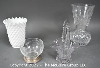 Group of Crystl Glass Items Including Hobnail Milk Glass and Sterling Rim Etched Glass Bowl.