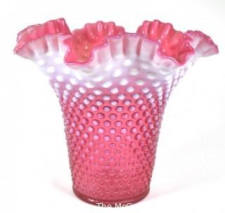 Fenton Cranberry Opalescent Hobnail Large Ruffled Top Vase.  8" tall.