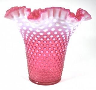 Fenton Cranberry Opalescent Hobnail Large Ruffled Top Vase.  8" tall.