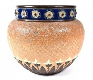 Arts & Crafts Earthenware Jardinière Planter Made By Royal Doulton & Slaters Lambeth, England C1900.  9" tall x 9" diameter,