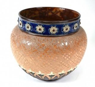 Arts & Crafts Earthenware Jardinière Planter Made By Royal Doulton & Slaters Lambeth, England C1900.  9" tall x 9" diameter,