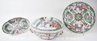 Three (3) Asian Hand Painted Porcelain Serving and Dinnerware in Rose Medallion Pattern with Chopmarks.  