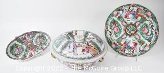 Three (3) Asian Hand Painted Porcelain Serving and Dinnerware in Rose Medallion Pattern with Chopmarks.  