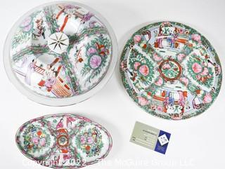 Three (3) Asian Hand Painted Porcelain Serving and Dinnerware in Rose Medallion Pattern with Chopmarks.  