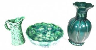 Three (3) Green Pottery Vase and Serving Bowls.