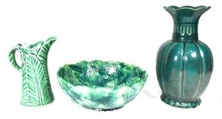 Three (3) Green Pottery Vase and Serving Bowls.