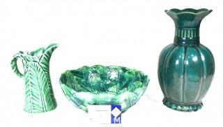 Three (3) Green Pottery Vase and Serving Bowls.